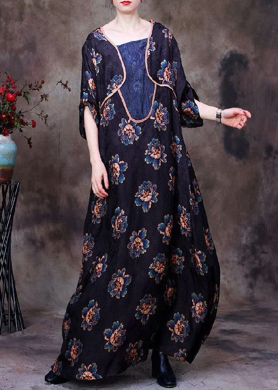 flowy maxi dressVintage Navy Asymmetrical Patchwork Floral Print Silk Long Dress Long Sleeve