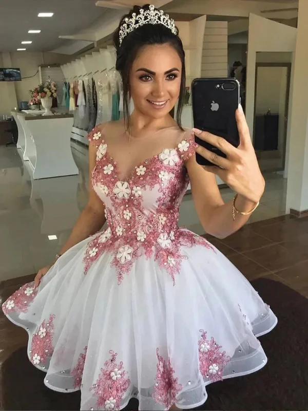 Big Savings sophisticated dresssophisticated dressRound Neck Short White Prom Dresses with Lace Flowers, Lace Floral Homecoming Dresses, White Formal Evening Dresses SP2460