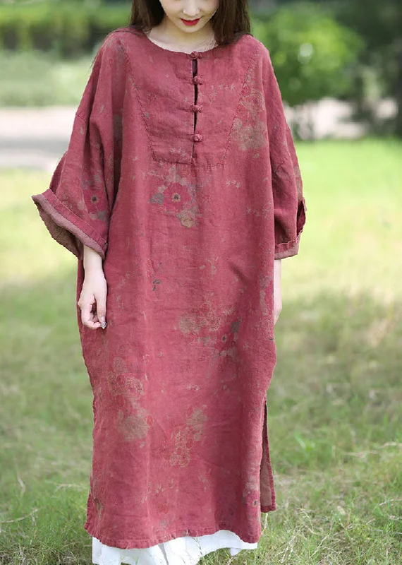 Deal Mania luxury dressluxury dressBoutique Red O-Neck Oversized Print Linen Dress Spring