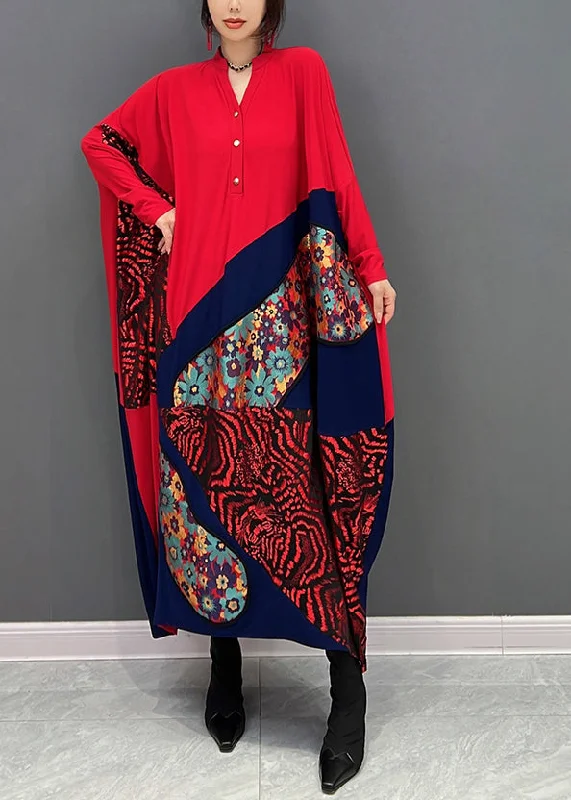 Seasonal Sale elegant evening dresselegant evening dressLoose Red V Neck Print Patchwork Button Maxi Dresses Fall