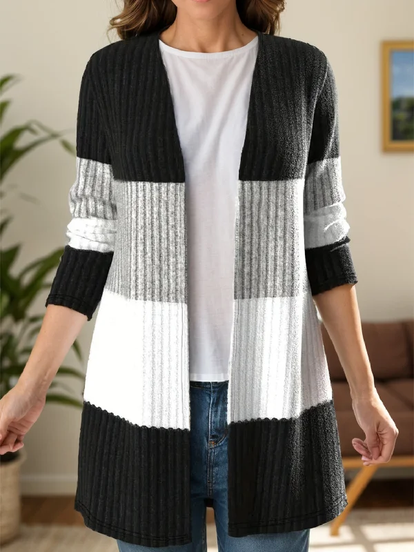 Hurry In Color Block Open Front Long Sleeve Cardigan