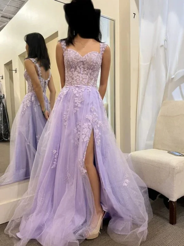 Price Cut elegant evening dresselegant evening dressOpen Back Lilac Lace Long Prom Dresses with High Slit, Purple Lace Tulle Formal Evening Dresses, Lilac Ball Gown SP2475