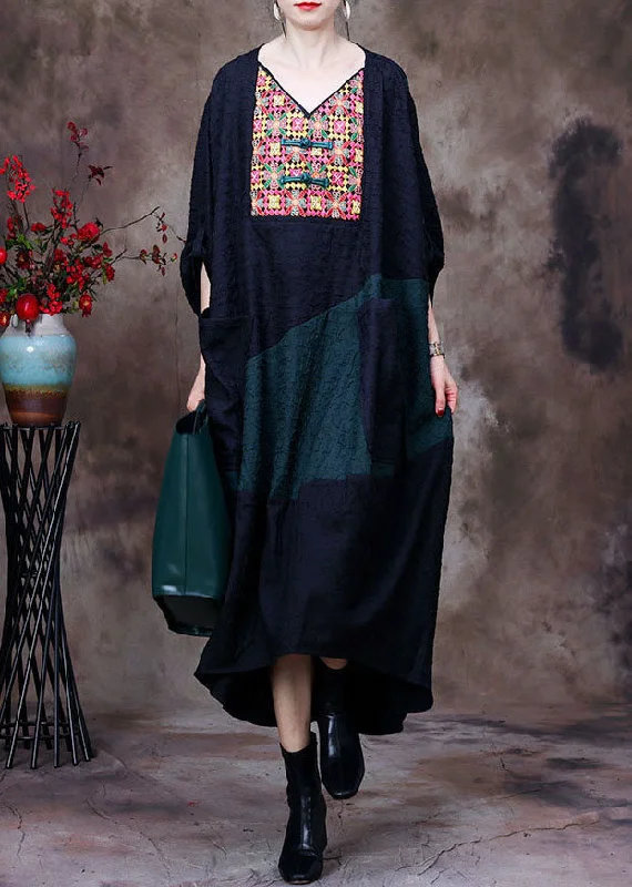 modern dressPlus Size Black V Neck Embroideried Patchwork Wrinkled Silk Dresses Long Sleeve