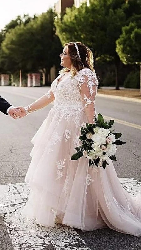 Sale Event mini dressmini dressLong Sleeve Lace Plus Size Blush Wedding Dress With Detachable Beaded Band