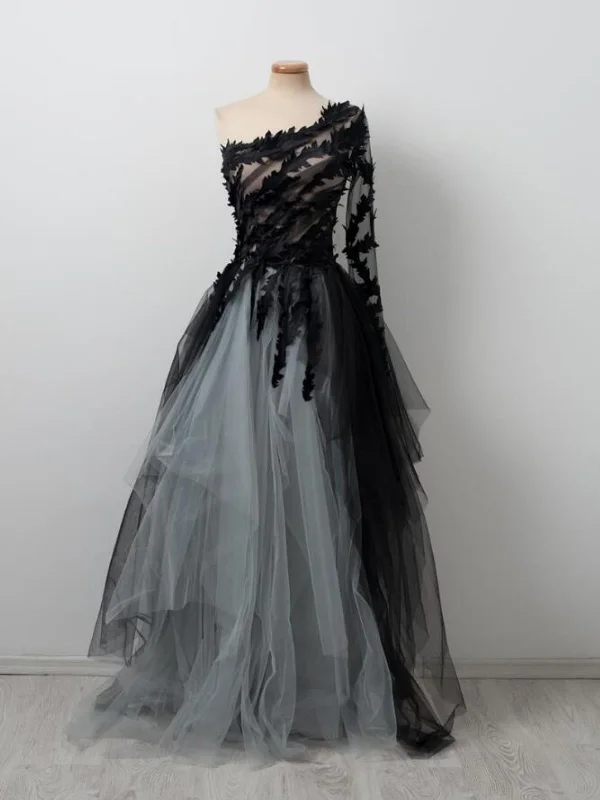 Huge Savings playful dressplayful dressOne Shoulder Long Sleeves Black Lace Gray Long Prom Dresses, Black Lace Formal Dresses, Gray Evening Dresses SP2837