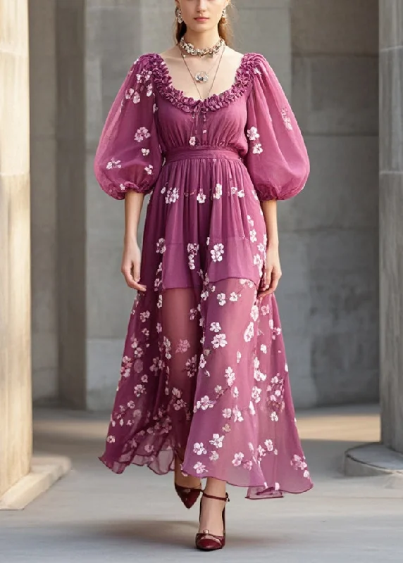 classic fit-and-flare dressPurple Print Chiffon Robe Dresses Ruffled Lantern Sleeve