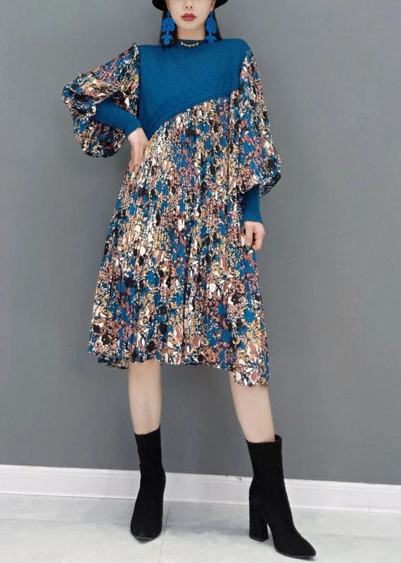 Factory Direct Sale long-sleeve floral dresslong-sleeve floral dressArt Blue Stand Collar Patchwork Print Chiffon Dresses Lantern Sleeve