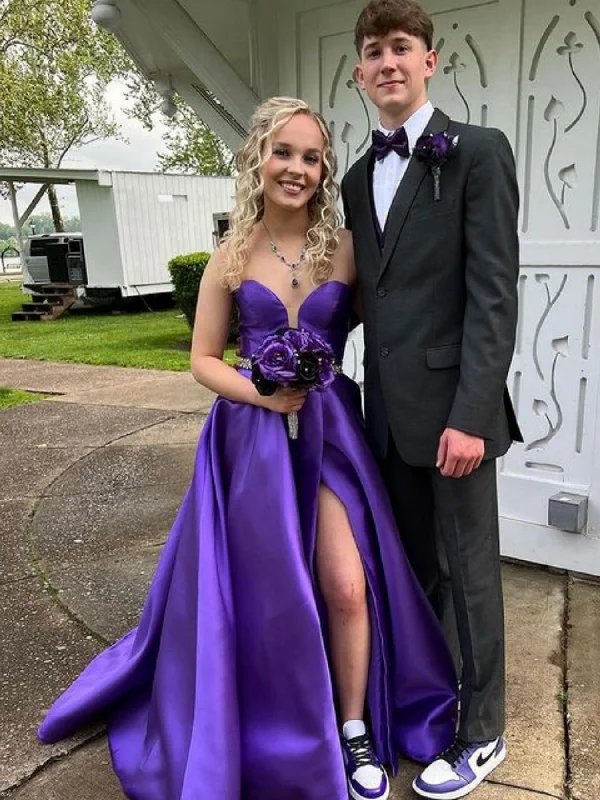 Markdown Madness pleated dresspleated dressV Neck Purple Satin Long Prom Dresses with Belt, V Neck Purple Formal Dresses, Purple Evening Dresses SP2711