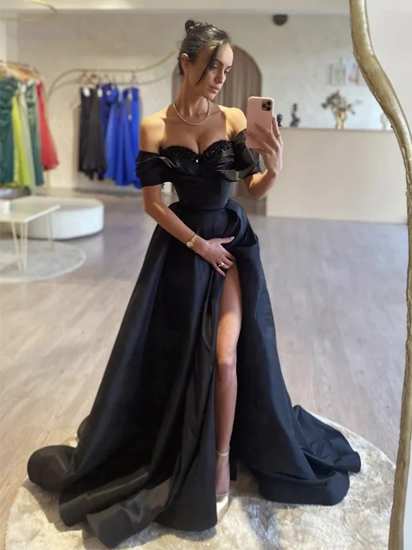 Today’s Deal wool dresswool dressOff Shoulder Black Satin Long Prom Dresses with High Slit, Black Formal Dresses with Sequins Top, Black Evening Dresses SP2834