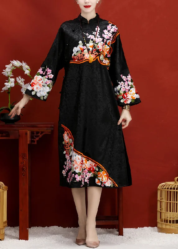 Act Fast oversized dressoversized dressJacquard Black Embroideried Button Side Open Silk Maxi Dress Long Sleeve