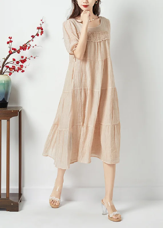 Quick Sale chic dresschic dressSimple Beige O-Neck Patchwork Wrinkled Linen Silk Long Dress Summer