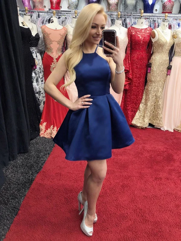 Midnight Sale off-shoulder dressoff-shoulder dressCute A Line Blue Satin Short Prom Homecoming Dresses, Short Blue Formal Graduation Evening Dresses SP2080