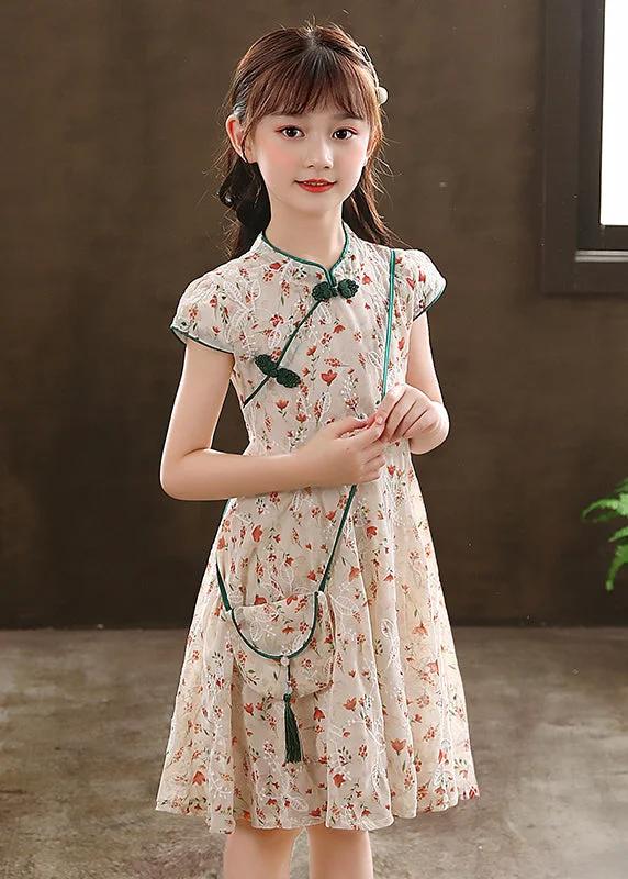 fitted cocktail dress2024 New Green Stand Collar Print Girls Maxi Dresses Short Sleeve