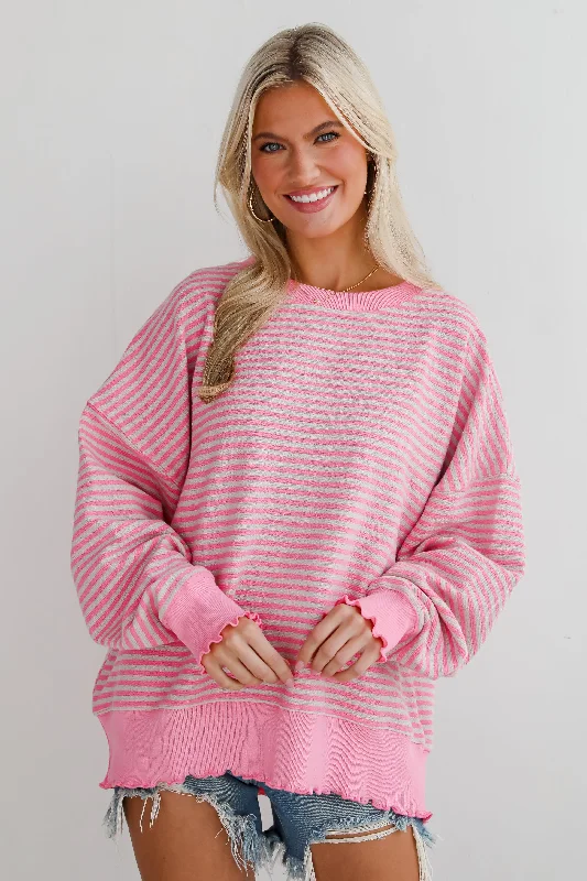 Price Rollback sleek workout sweatshirtCharismatic Comfort Pink Striped Oversized Pullover Price Rollback sleek workout sweatshirtCharismatic Comfort Pink Striped Oversized Pullover