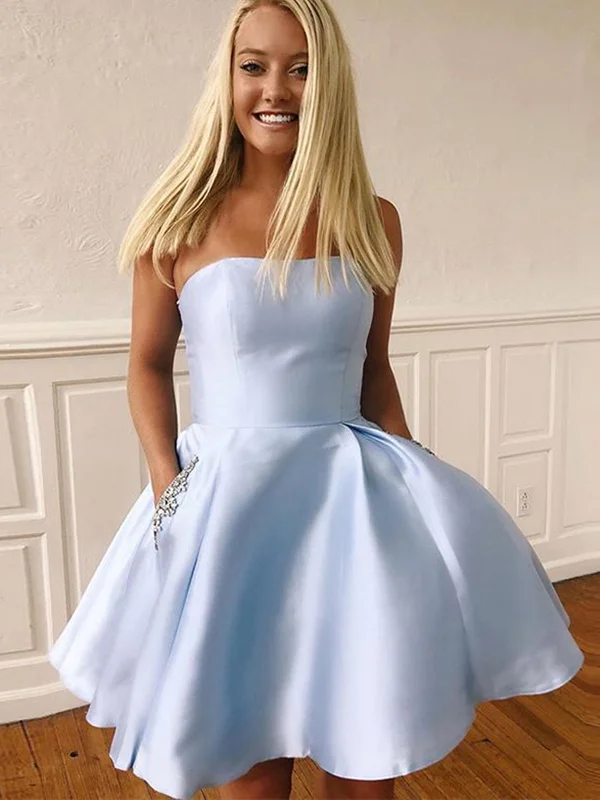 Blowout Sale wrap dresswrap dressCute Blue Satin Short Prom Homecoming Dresses with Pocket, Short Blue Formal Graduation Evening Dresses SP2086