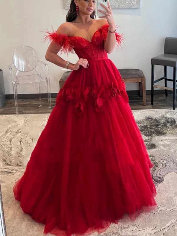 Final Markdown evening dressevening dressOff Shoulder Red Tulle Floral Long Prom Dresses, Off the Shoulder Formal Evening Dresses, Red Ball Gown SP2631