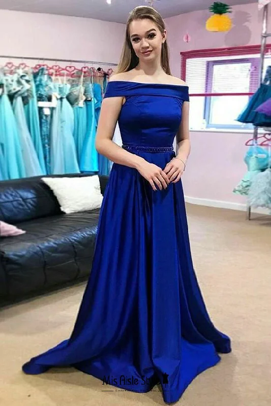 Deal Alert one-shoulder dressone-shoulder dressA line Off Shoulder Sleeve Royal Blue Prom Dress