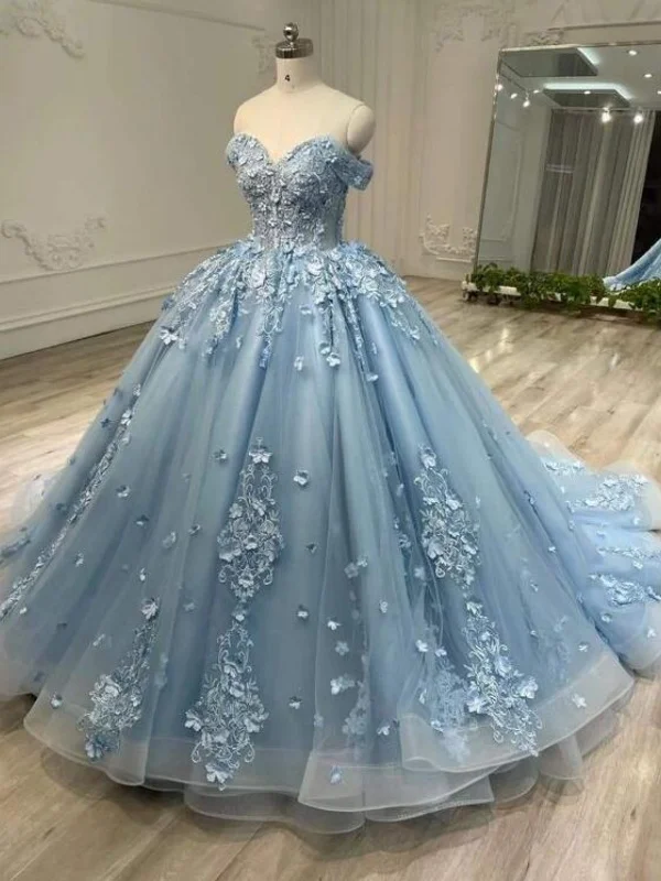 Closeout trendy mini dresstrendy mini dressOff Shoulder Dusty Blue Lace Floral Long Prom Dresses, Dusty Blue Formal Evening Dresses, Floral Ball Gown SP2898
