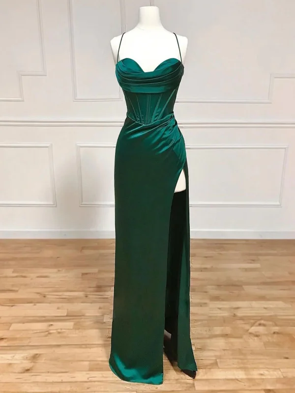 The Best Prices long sleeve dresslong sleeve dressSweetheart Neck Green Satin Long Prom Dresses with High Slit, Long Green Formal Graduation Evening Dresses SP2607