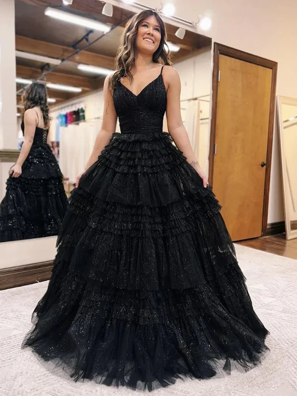 New Arrival relaxed fit dressrelaxed fit dressShiny V Neck Open Back Black Tulle Long Prom Dresses, V Neck Black Formal Evening Dresses SP2757