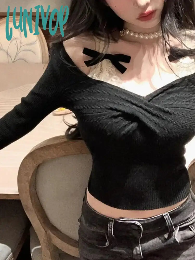 Seasonal Sale Lunivop Spring Knitted Sweater Women Bow Fake Two Pieces Long Sleeve Slim Pullovers Black Chic Gothic Korean 2000s Vintage Y2k Clothing