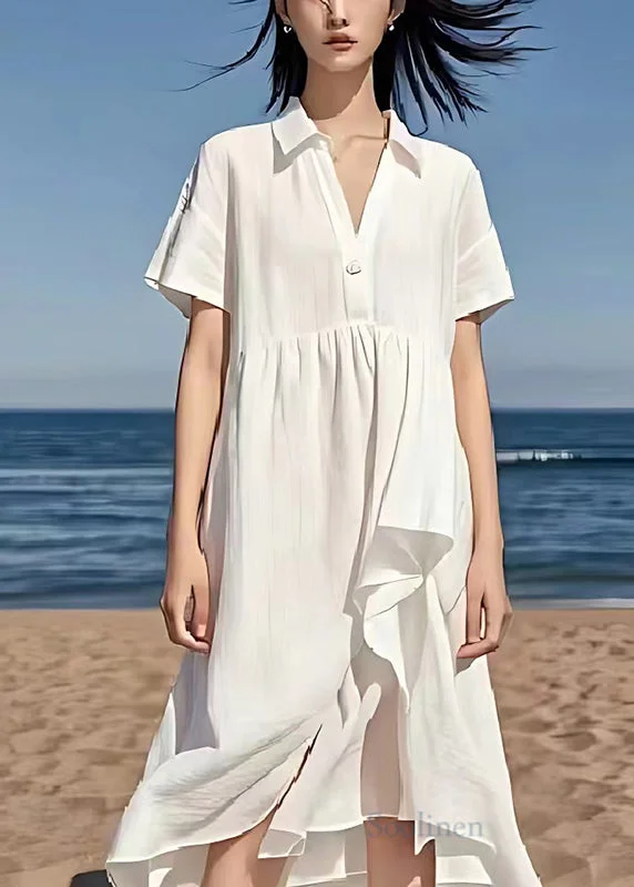 casual summer dressSimple White V Neck Exra Large Hem Linen Beach Dress Summer