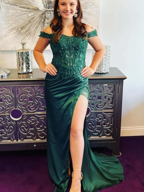 Price Buster summer dresssummer dressOff Shoulder Beaded Mermaid Green Lace Long Prom Dresses with High Slit, Mermaid Green Formal Dresses, Green Evening Dresses with Train SP2789
