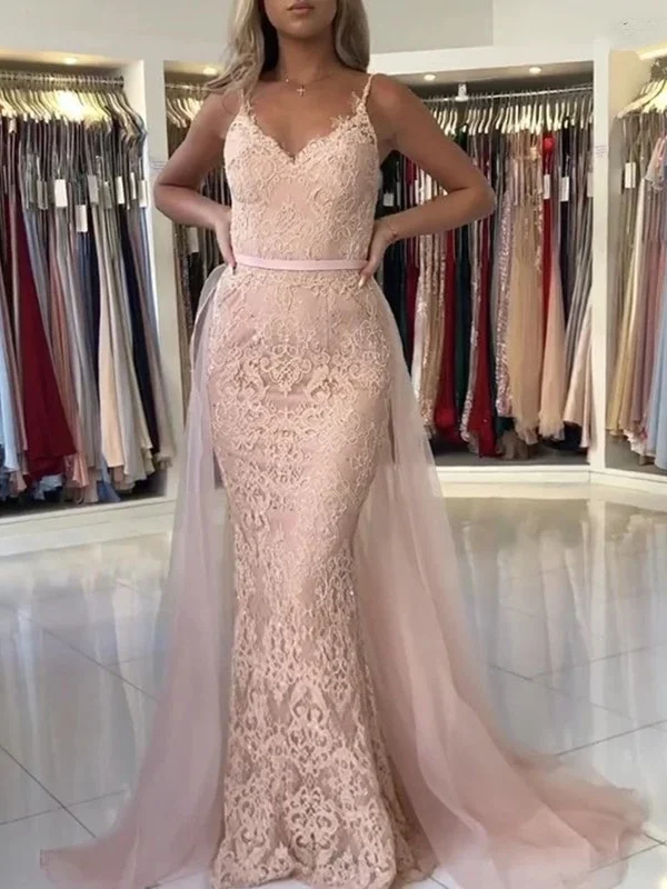 Bargain Blast shift dressshift dressMermaid V Neck Pink Lace Long Prom Dresses, Mermaid Pink Formal Dresses, Pink Lace Evening Dresses SP2202