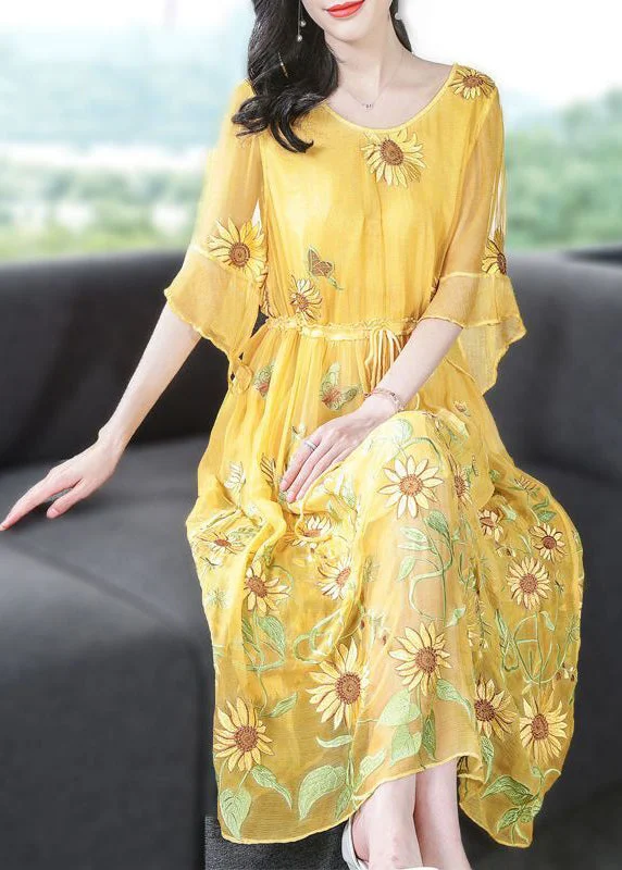 Anniversary Sale satin dresssatin dressStylish Yellow Embroideried Silk Cinched Dress Flare Sleeve