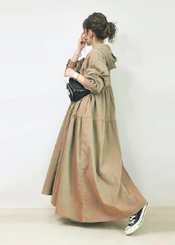 Discount Extravaganza elegant shift dresselegant shift dressFrench Khaki Hooded Oversized Wrinkled Cotton Long Dresses Spring