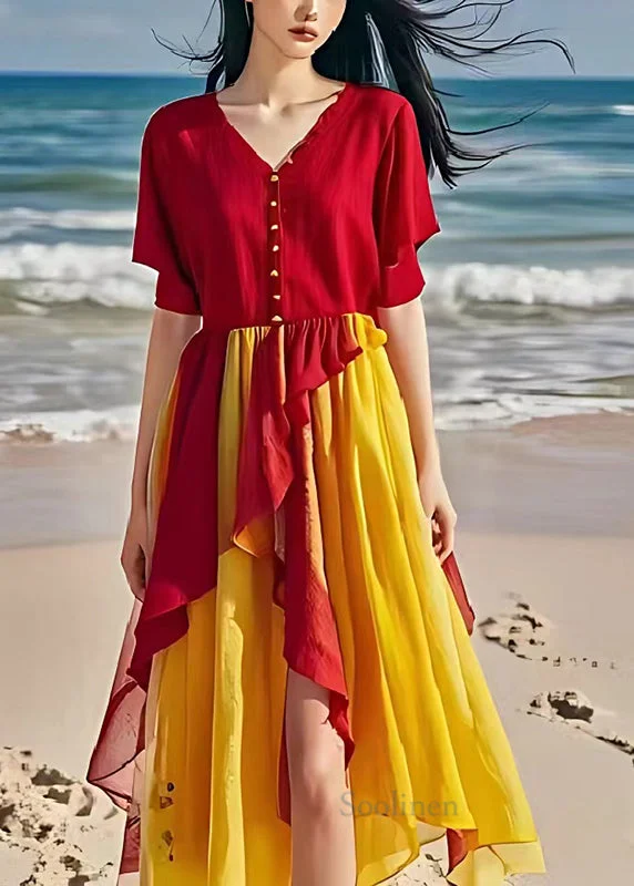 romantic dressFine Red Ruffled Patchwork Linen Beach Dress Summer