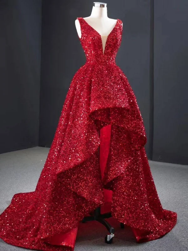 Last Chance structured dressstructured dressShiny High Low  V Neck Burgundy Sequins Long Prom Dresses, V Neck Burgundy Formal Dresses, Burgundy Evening Dresses SP2826