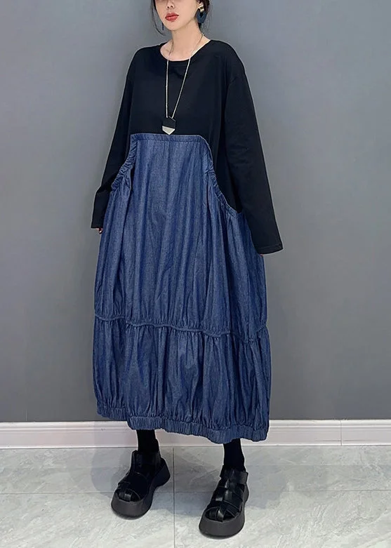 midi dressCasual Colorblock Oversized Patchwork Wrinkled Denim Dress Spring