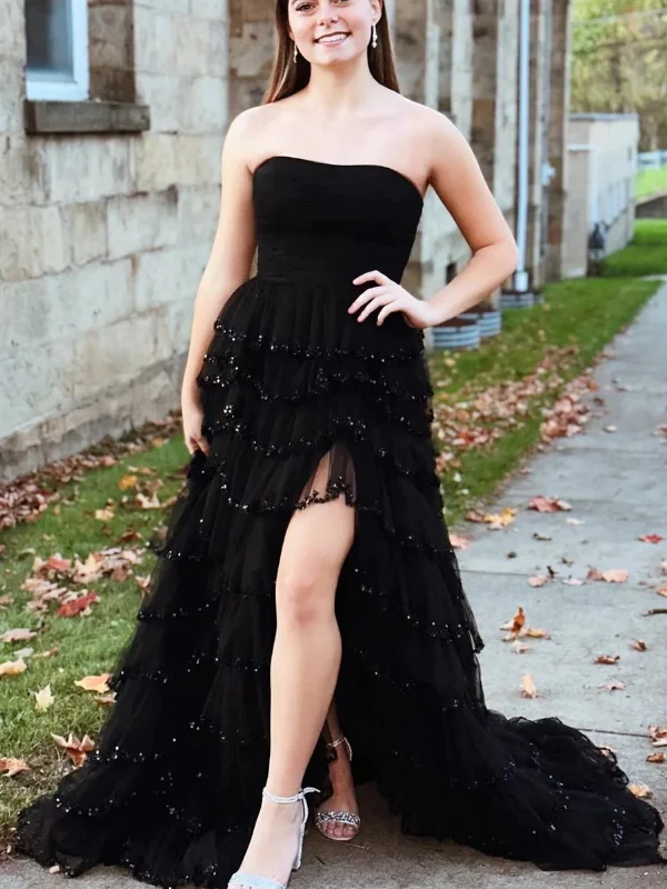 Fantastic Offers ashionable dressashionable dressStrapless Black Lace Sequins Long Prom Dresses with High Slit, Black Lace Formal Graduation Evening Dresses SP2825