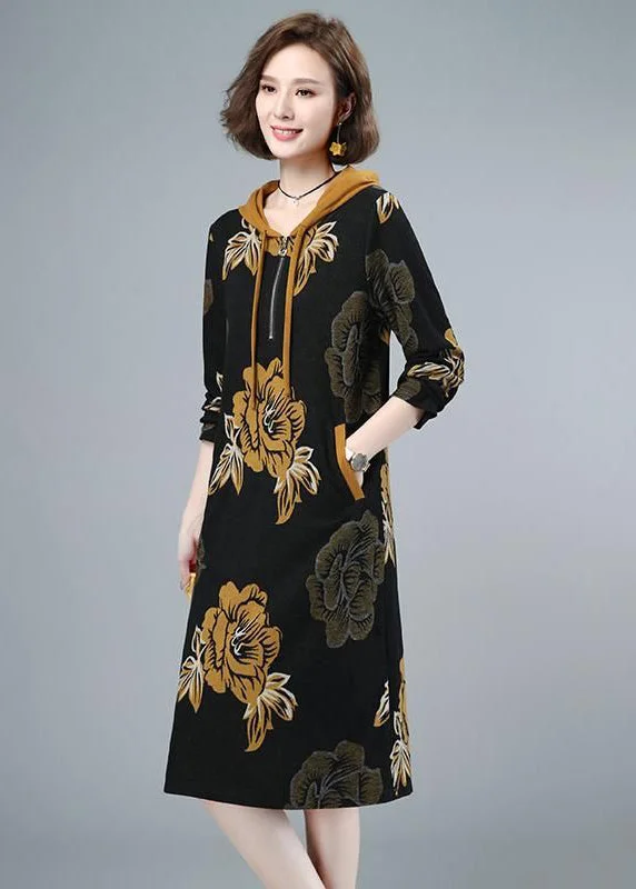 form-fitting dress2024 Fashion Floral Cinched Velour Hooded Dress Fall