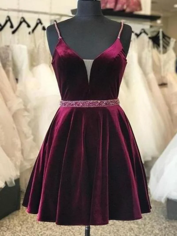 Low Prices off-shoulder dressoff-shoulder dressA Line V Neck Beaded Burgundy Velvet Prom Dresses, Burgundy Homecoming Dresses, Short Maroon Formal Evening Dresses with Belt SP2472