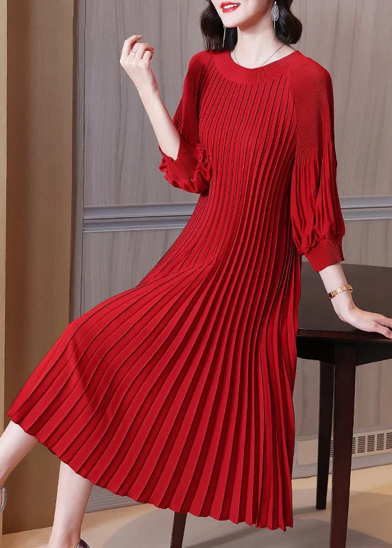 ruched dressPlus Size Red O-Neck Wrinkled Maxi Dress Lantern Sleeve