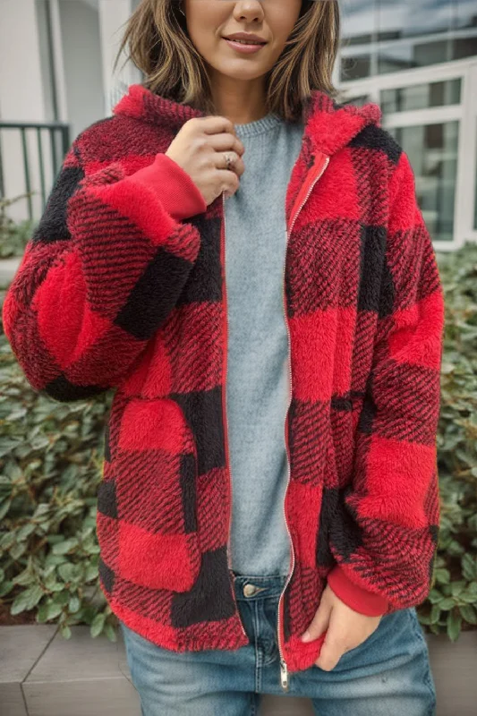 Bonus Savings Double Take Full Size Plaid Long Sleeve Hooded Coat