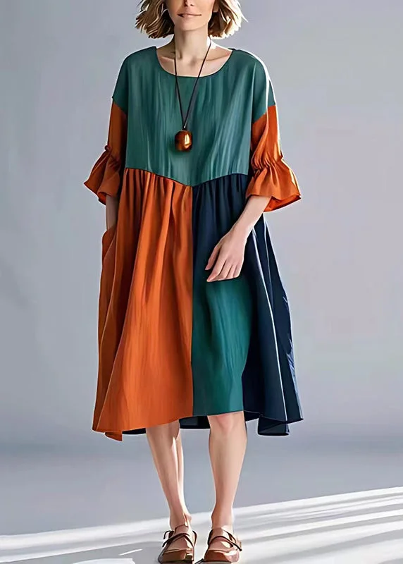 lace dressUnique Green Orange Oversized Patchwork Cotton Dresses Summer