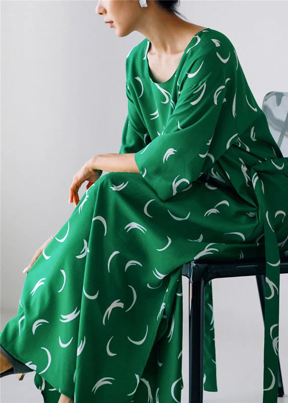 flowy maxi dressOrganic Green O-Neck Print Silk Maxi Dress Long Sleeve