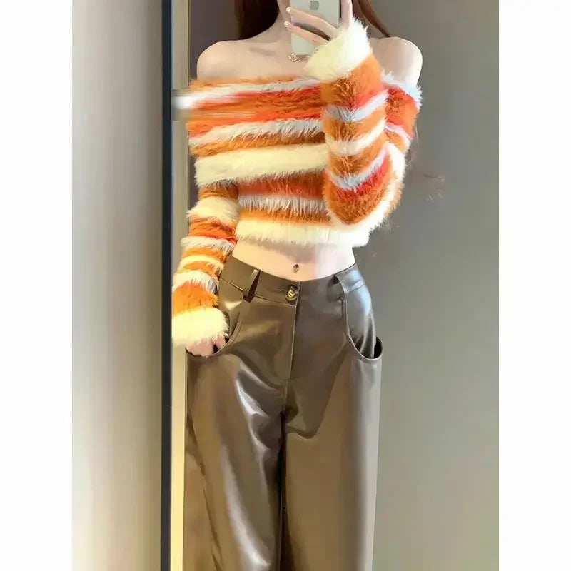 Exclusive Savings Lunivop American Slim Pullovers Sweaters Crop Tops Sexy Knitted Contrast Color Striped Women Y2k Slash Neck Vintage Sueter Mujer Chic