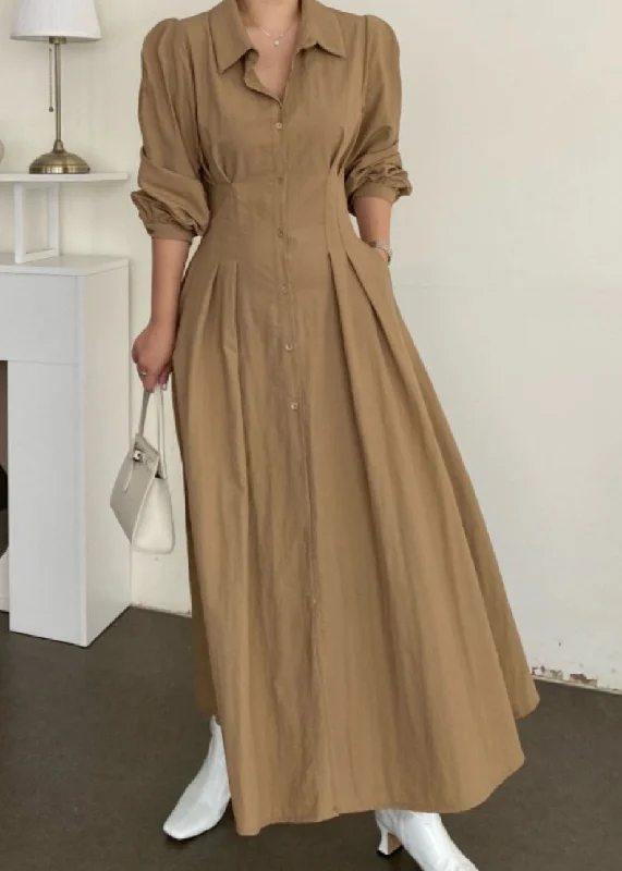 Online Exclusive fitted cocktail dressfitted cocktail dressOrganic Khaki Peter Pan Collar Wrinkled Patchwork Cotton Long Dresses Spring