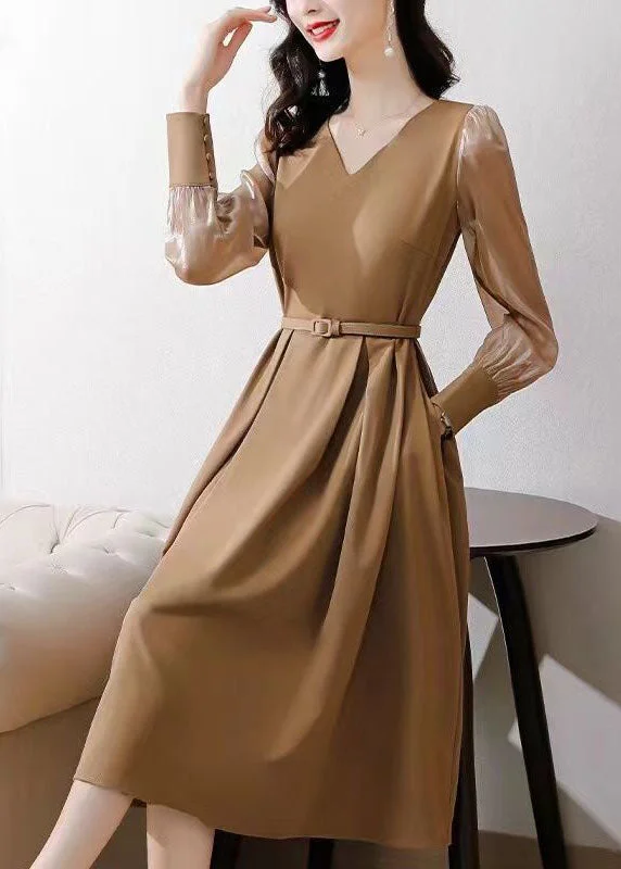 trendy wrap dressKhaki Patchwork Spandex A Line Dresses Cinched Spring