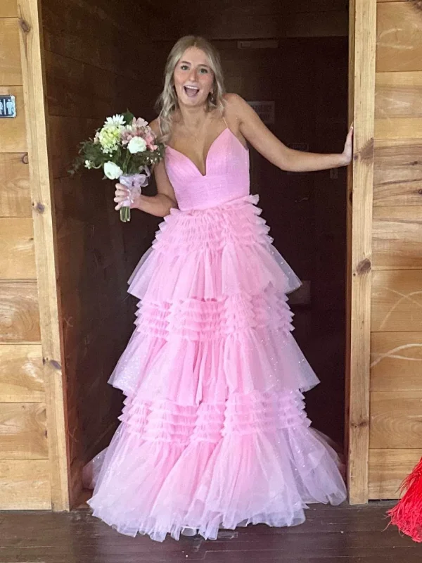 Best Seller bodycon dressbodycon dressA Line V Neck Layered Pink Tulle Long Prom Dresses, Long Pink Formal Graduation Evening Dresses SP3076
