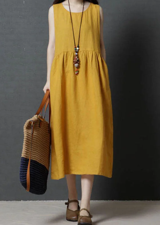 Blowout Sale casual dresscasual dressYellow Patchwork Cotton Long Dress O Neck Wrinkled Sleeveless