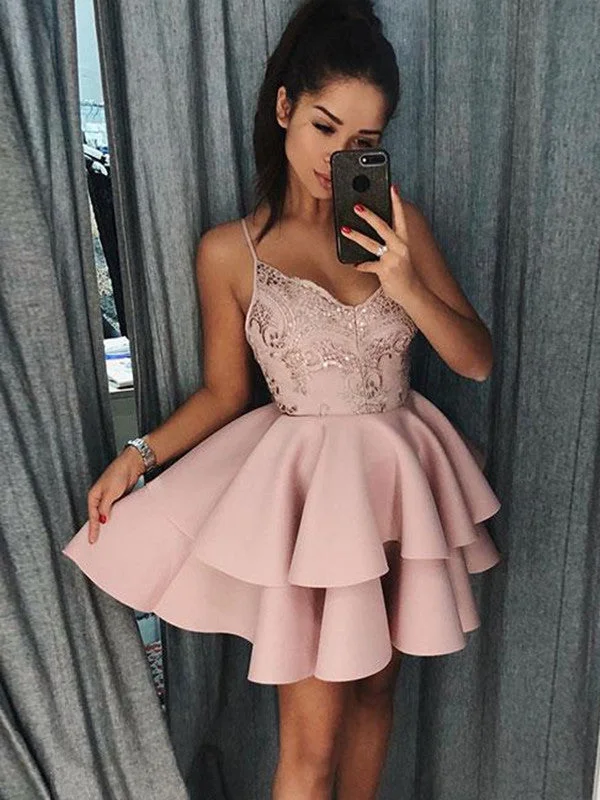 Extra Discounts satin dresssatin dressPink Cute Lace Layered Short Prom Dresses, Layered Homecoming Dresses, Pink Graduation Dresses