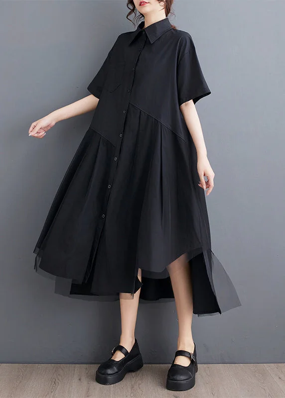 long sleeve dressBlack Peter Pan Collar Button Long Shirts Dress Summer