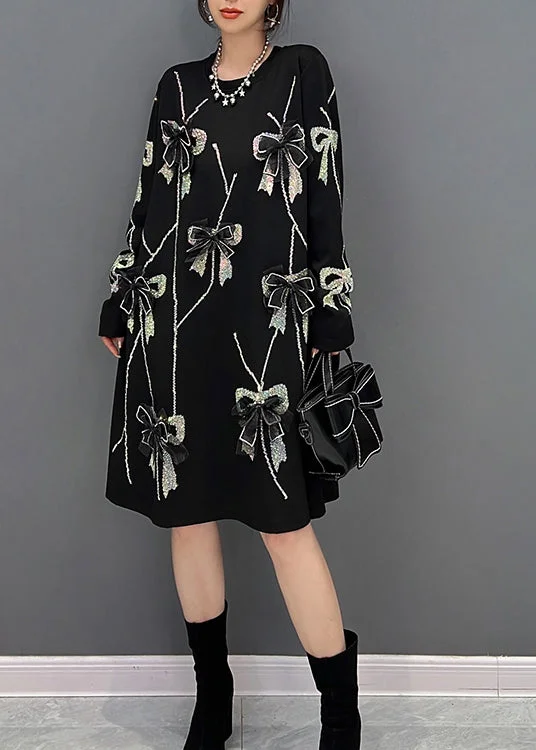Steals and Deals denim dressdenim dressLoose Black O-Neck Bow Knit Long Dresses Winter