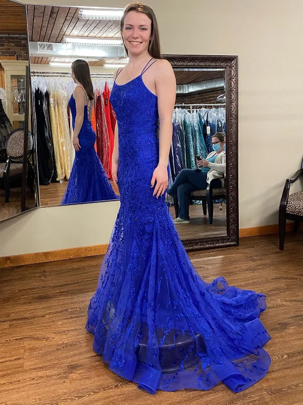 Special Price tiered dresstiered dressMermaid Backless Blue Lace Long Prom Dresses, Mermaid Blue Formal Dresses, Blue Lace Evening Dresses SP2311