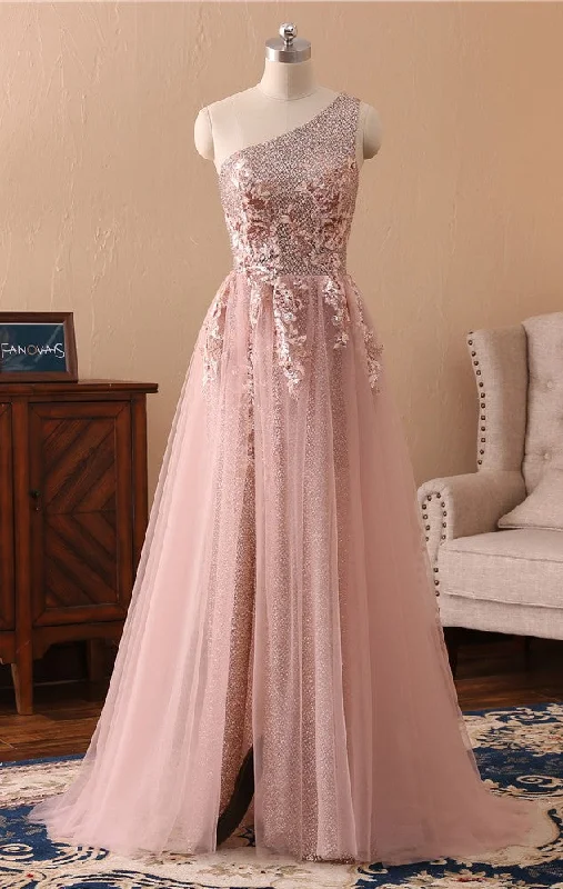 Year-End Clearance shift dressshift dressOne Shoulder Pink Sparkle Slit Evening Dress